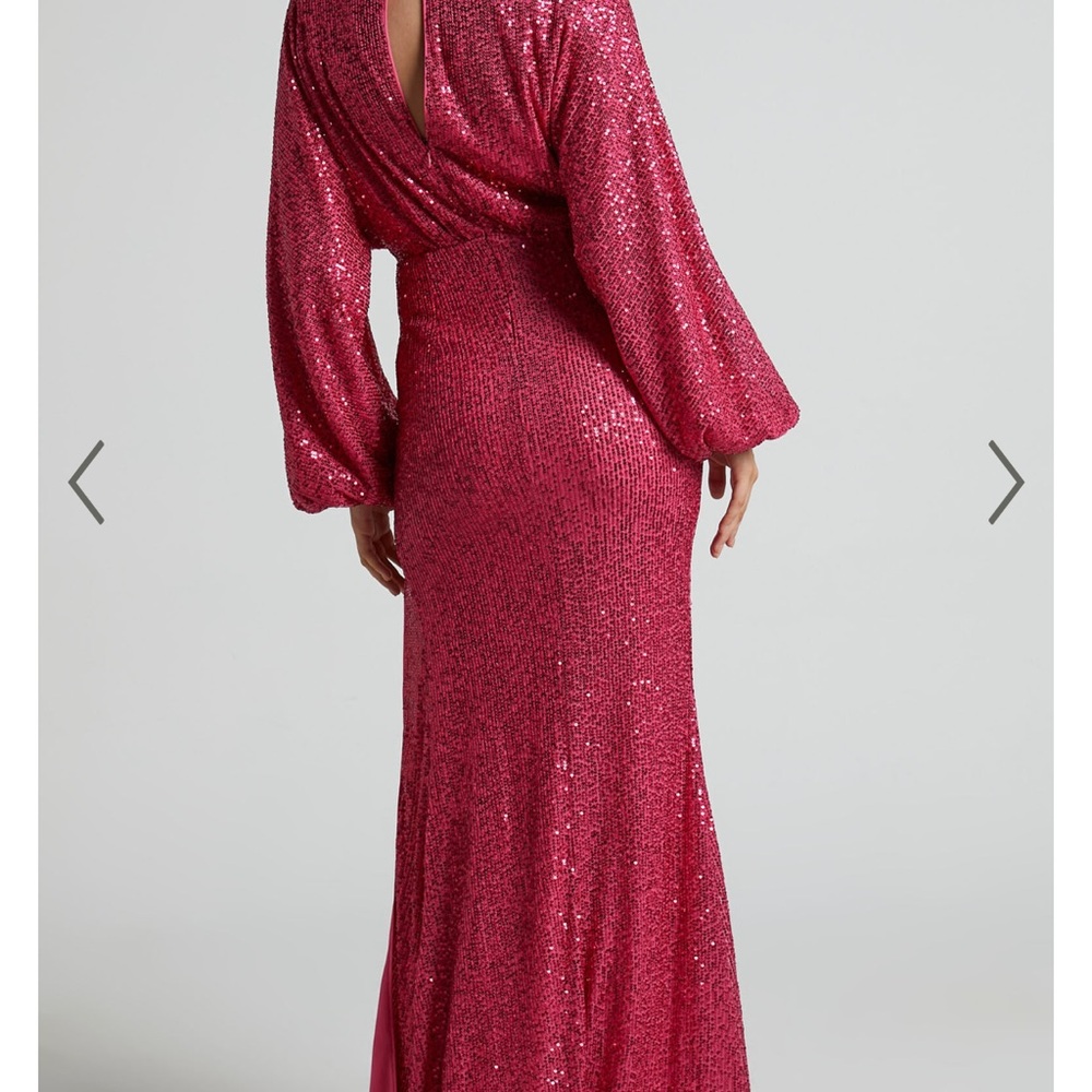ARLINGTON MIDI DRESS - SEQUIN LONG SLEEVE DRESS IN HOT PINK - Picture 3 of 5